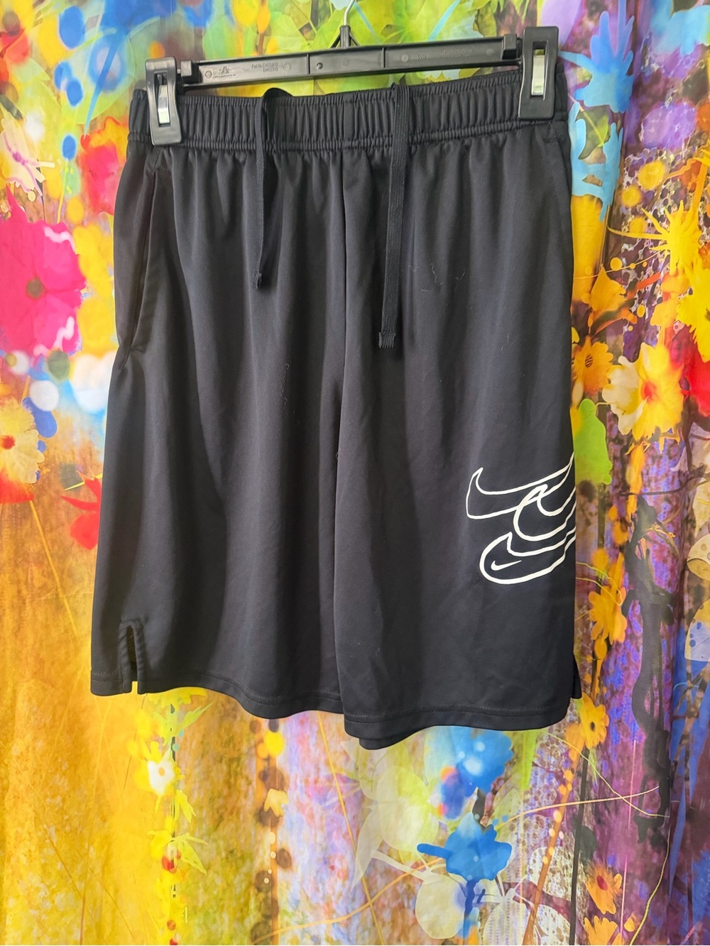 Nike youth Black Athletic Shorts with White Swoosh Graphic